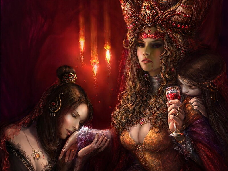 Three Women in Ornate Attire — Red, Dramatic