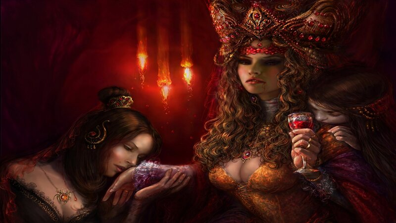 Three Women in Ornate Attire — Red