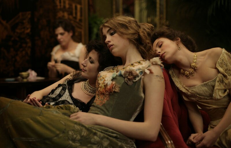 Three Women in Period Dresses — Green