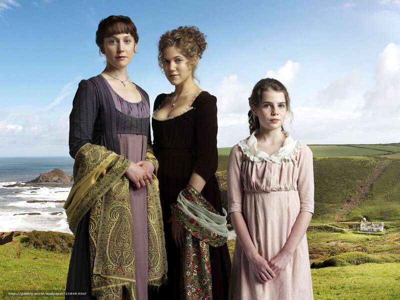 Three women in period dresses