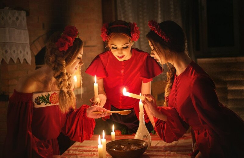 Three Women in Red Dresses — Dramatic, Night, Photograph, Candles