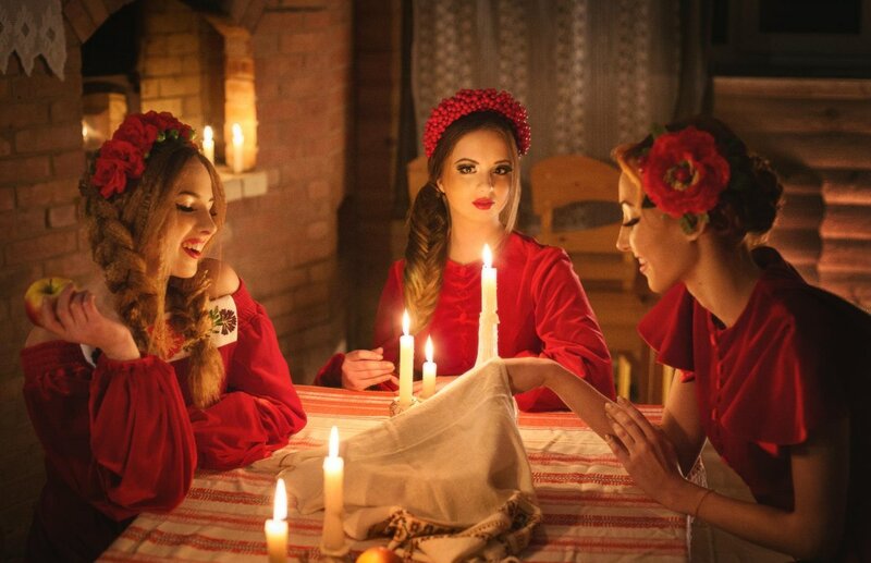 Three Women in Red Dresses — Dramatic, Night, Photograph