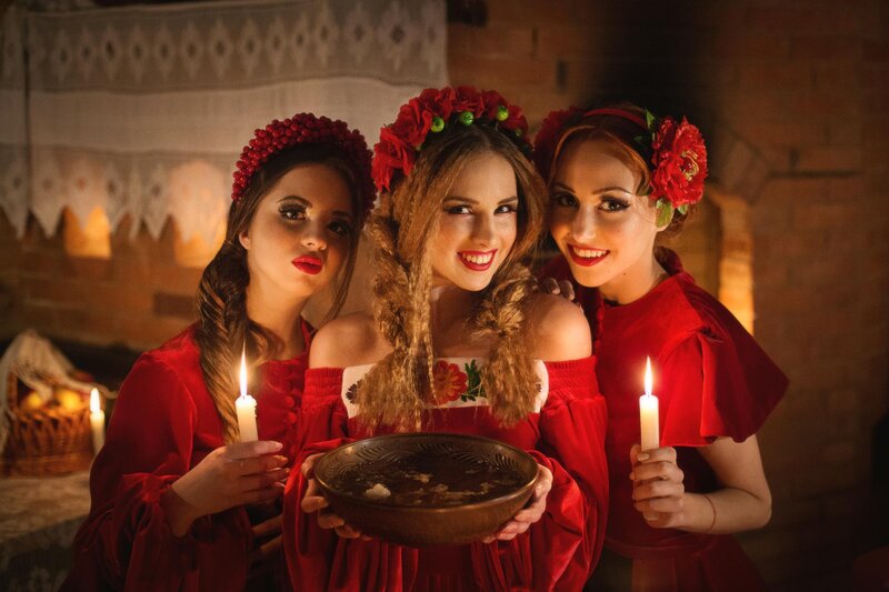 Three Women in Red Dresses — Dramatic, Night