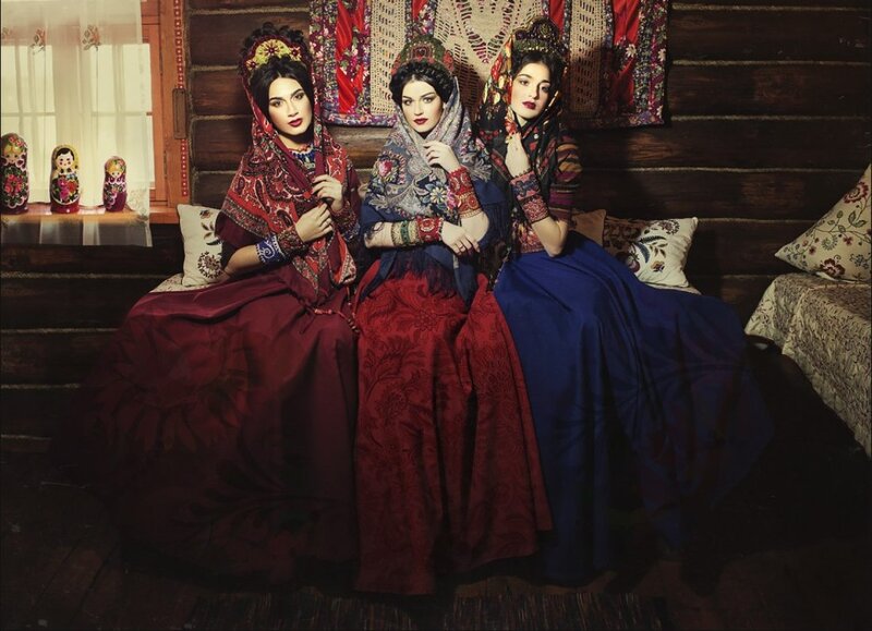 Three Women in Traditional Dress — Red, Dramatic