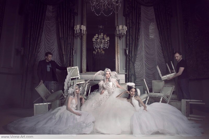 Three Women in White Dresses — Dramatic, Photograph