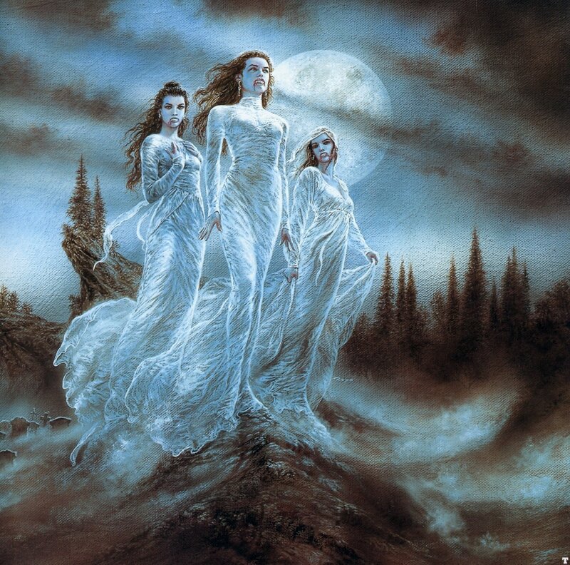 Three women in white gowns under moonlight