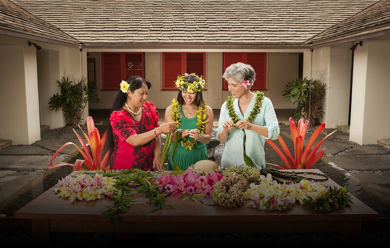 Three Women Making Leis