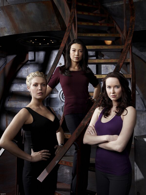 three women on a spaceship staircase