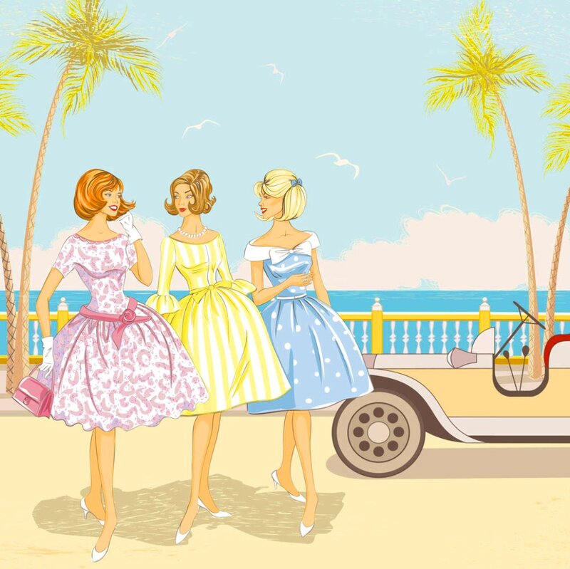 Three Women on Beach — Blue, Cheerful
