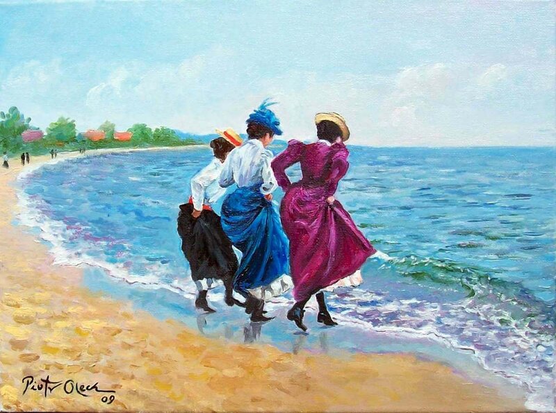 Three Women on Beach — Blue, Serene