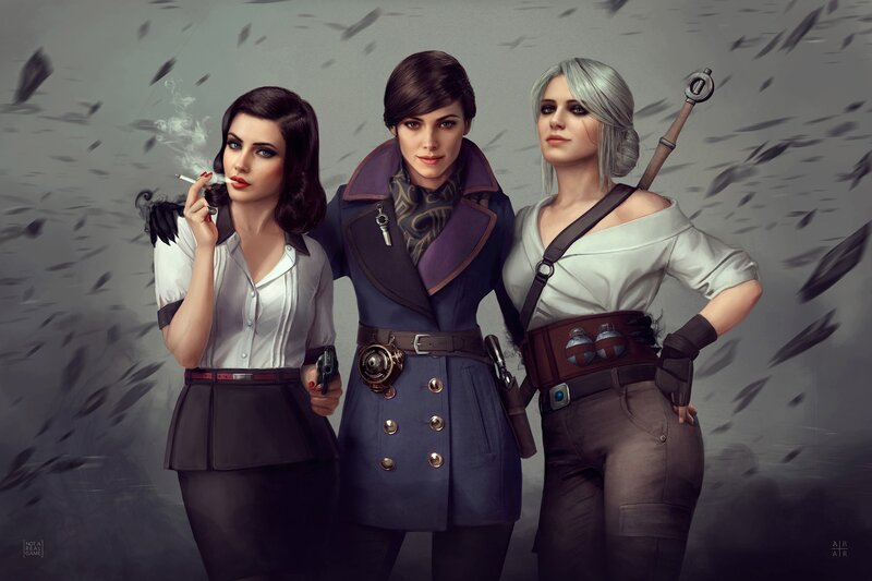 Three Women Standing — Gray, Dramatic