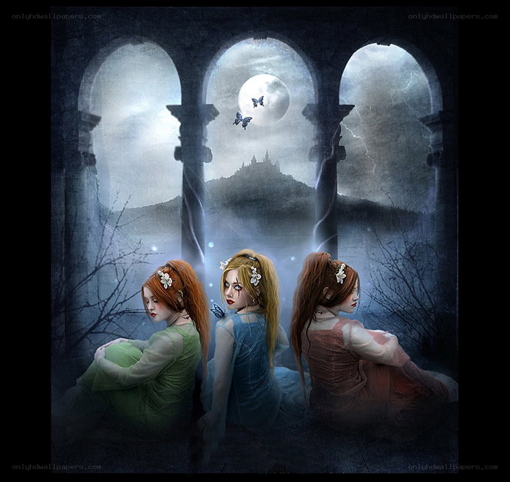 Three women under moonlit arches