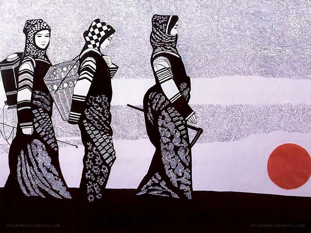 Three Women Walking in Patterned Garments