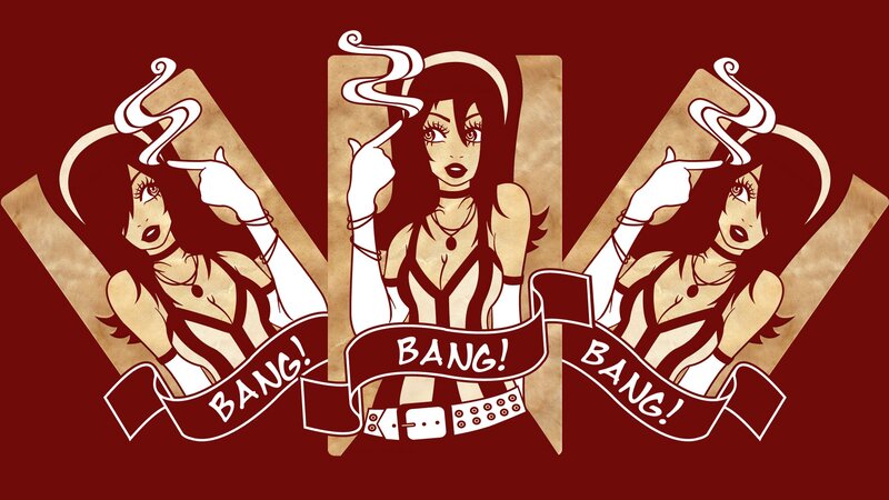 Three women with guns and smoke