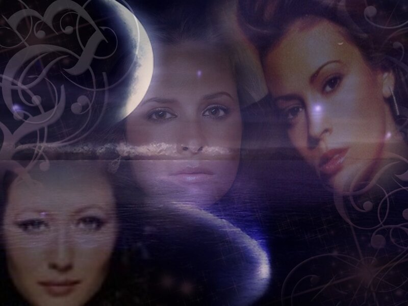three women with moon and swirls