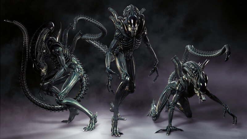 Three Xenomorphs in dark setting
