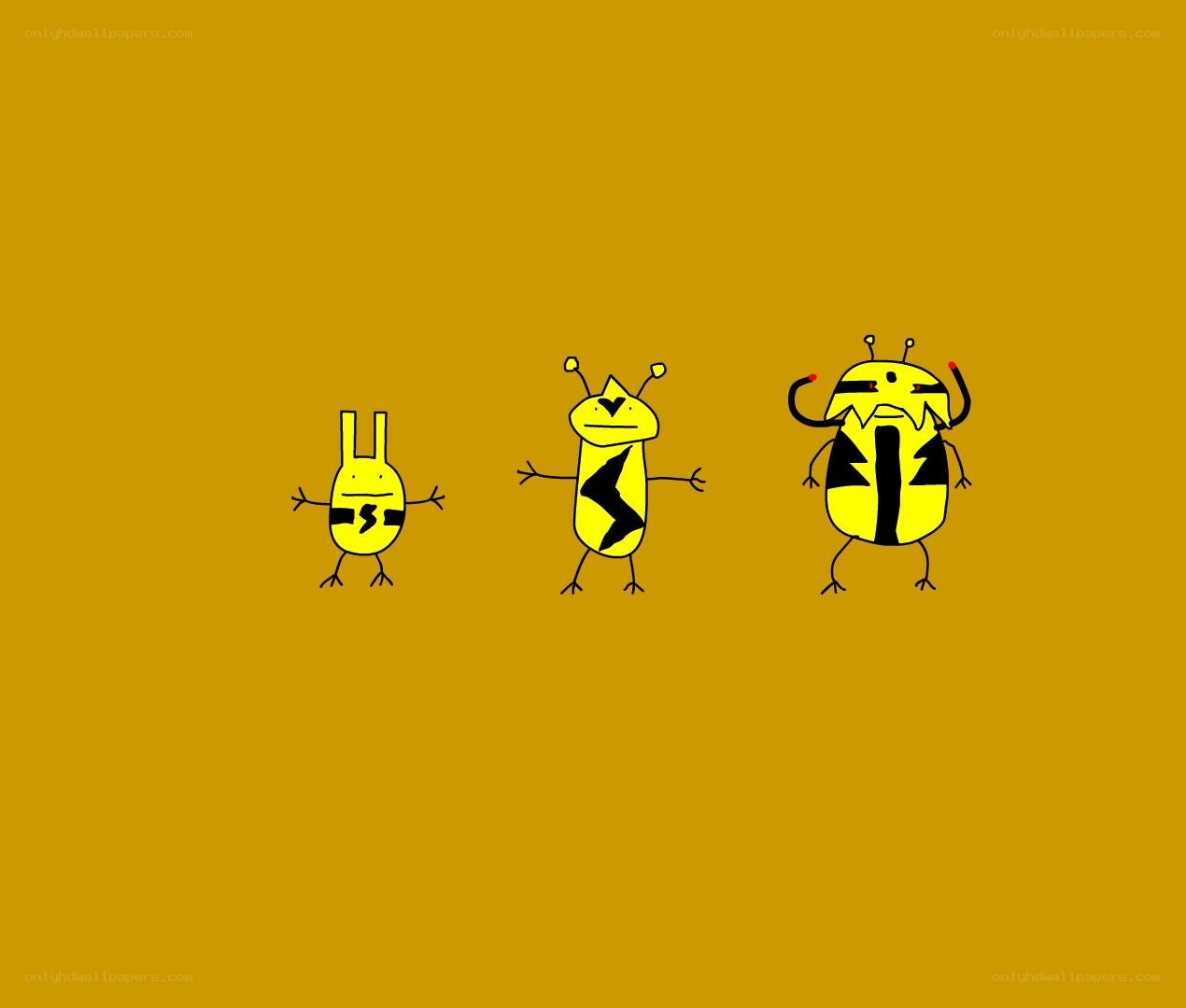 three yellow cartoon bugs