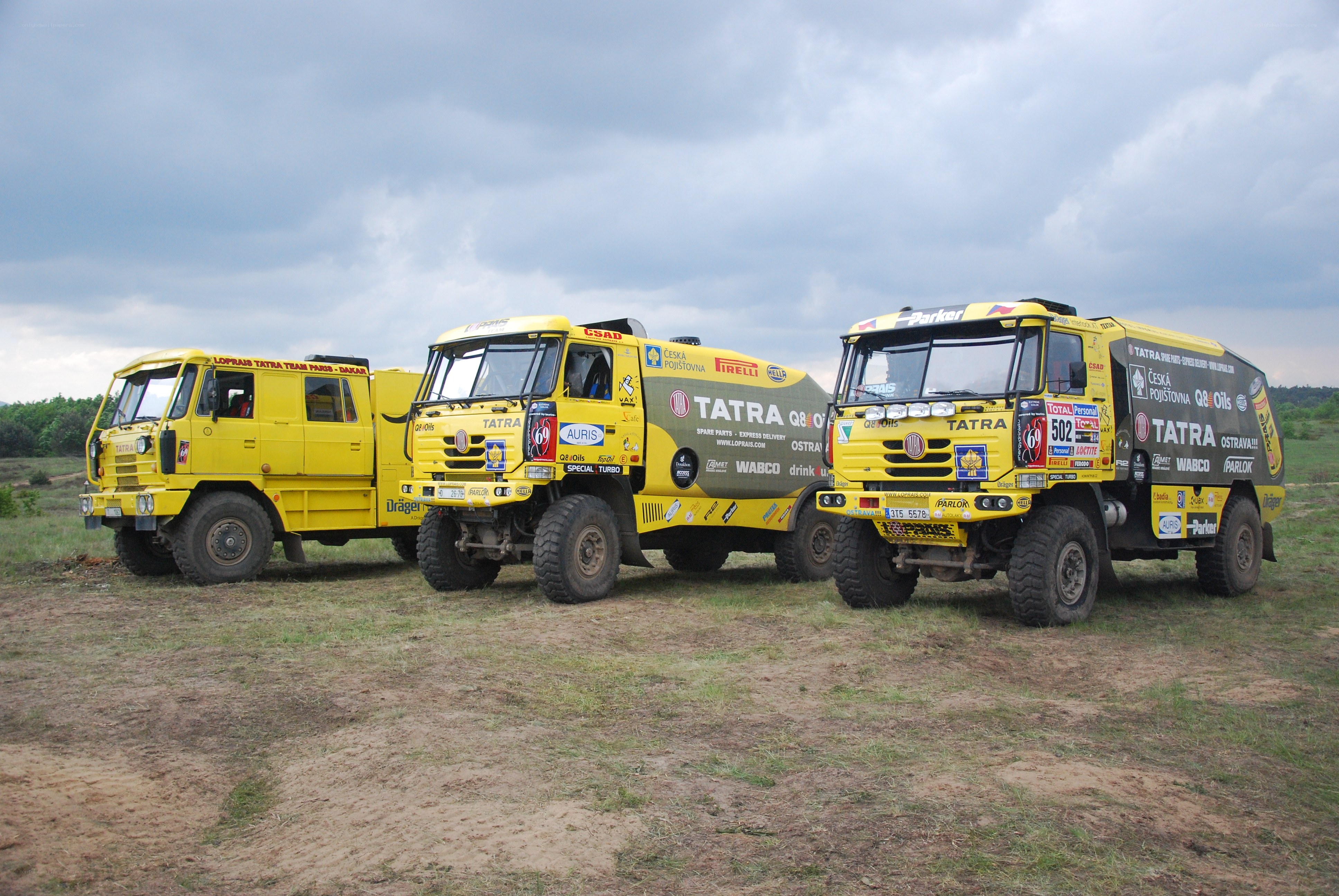 Three yellow Tatra trucks in a field