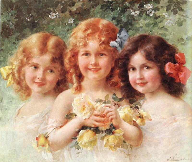 Three young girls with flowers