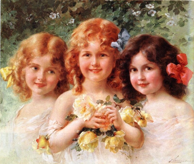 Three Young Girls with Flowers — White