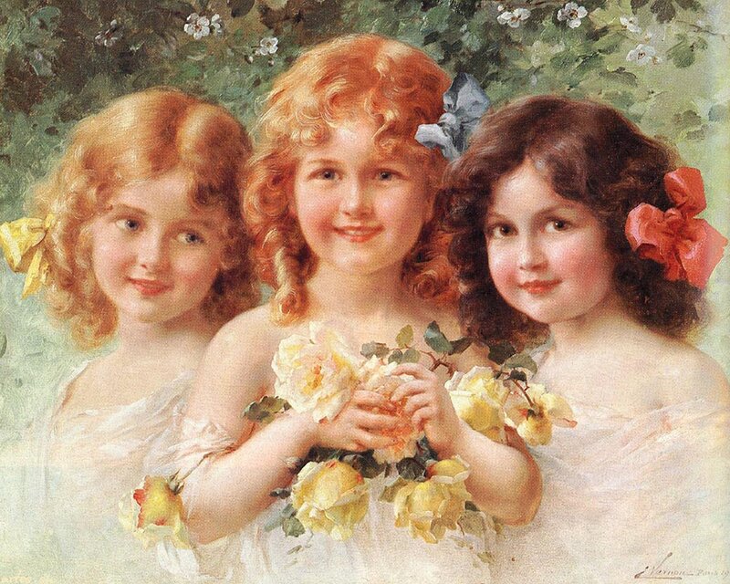 Three Young Girls with Flowers — Yellow