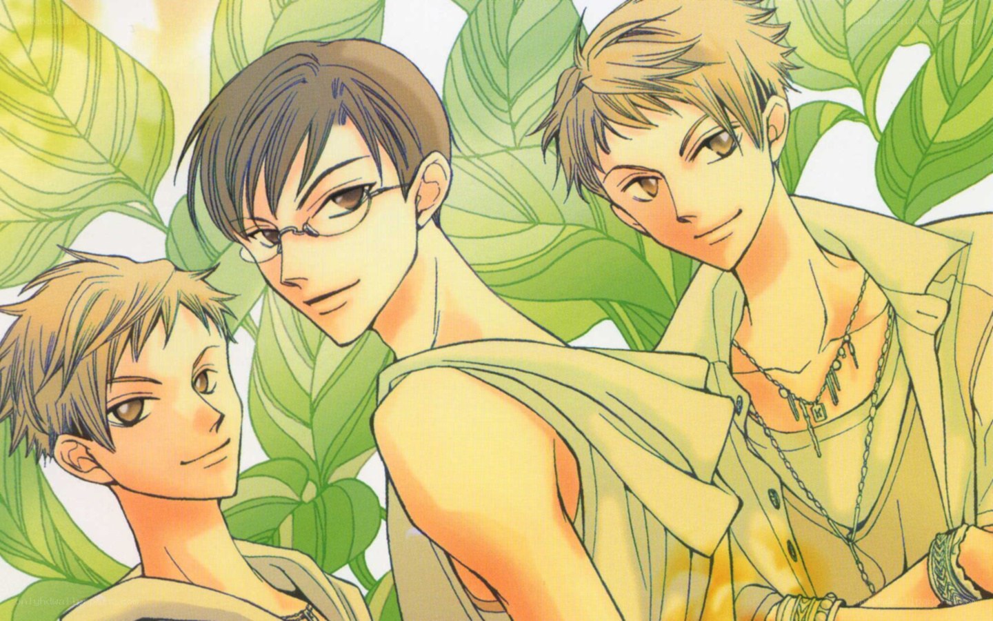three young men in green leaves