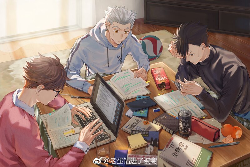 Three Young Men Studying
