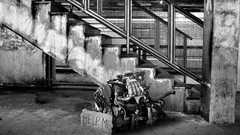 Abandoned Engines rusted stairways grayscale