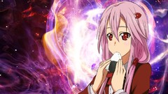 Abstract food vortex red eyes schoolgirls bows jackets eating 