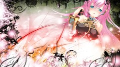 Abstract headphones pink hair long hair blue eyes headsets 