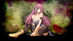 Abstract headphones sitting pink hair long hair green eyes 