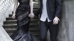 Actors Kristen Stewart bokeh robert pattinson black dress 