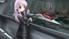 Aircraft Army hangar military red eyes gloves long hair anime 
