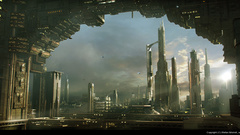 Aircraft cityscapes futuristic buildings