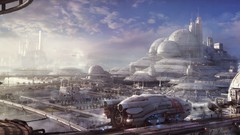 Aircraft cityscapes futuristic buildings