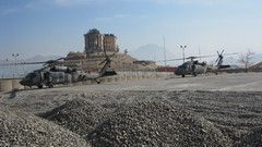 Aircraft Helicopters ruins military landing houses pair gravel 