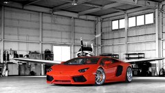 Aircraft orange cars hangar Lamborghini-Aventador