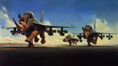 Aircraft running runway rhinoceros fantasy art surreal art Todd 