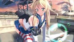 Aircraft ships cleaning Ribbons anime girls green eyes cleavage 