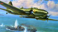 Aircraft ships military bomber World War II artwork