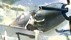 Aircraft skirts barefoot anime girls school uniforms low-angle 