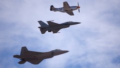 Aircraft trio f-16 fighting falcon P-51 Mustang F-22 Raptor