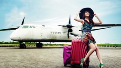 Aircraft woman hats asians travel models Korean k-pop luggages 