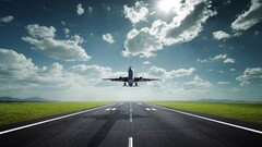 airplane landing sky nature landscape road lines clouds runway