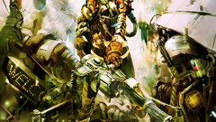 Airship armor propeller pipes anime girls Gatling futuristic 