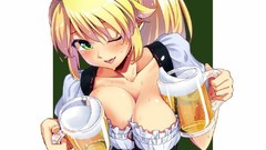 Alcohol blondes long hair anime girls green eyes waitress 