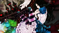 Alice in Wonderland boots green eyes black hair striped legwear