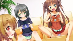 Angle brown artist console playing blush barefoot anime girls 