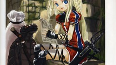 Animals Anime sitting Swords blondes smiling anime girls blue 