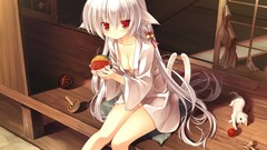 Animals balls woman cats Bells white hair red eyes sitting 